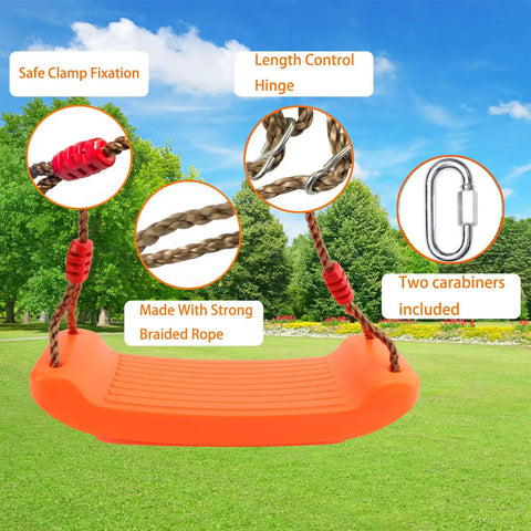 Tree Swing Seat For Kids With Thick Rope, Built Tough Outdoor Swing Set Accessory, Bright Orange, with adjustable rope and carabiners