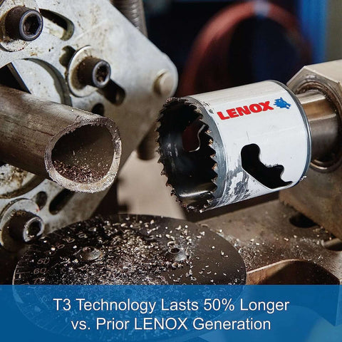 Lenox bi-metal hole saw mounted on a drill arbor, 3-1/8 inch diameter.