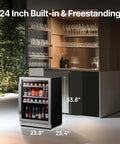 24 Inch Beverage Refrigerator With Glass Door For Home Kitchen Holds 140 To 180 Cans Temperature Range 34 To 54 F Built In Or Freestanding Cooler Three Adjustable Shelves Quiet Led Lighting Easy Access Drink Fridge next to glass cabinet
