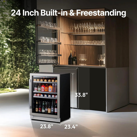 24 Inch Beverage Refrigerator With Glass Door For Home Kitchen Holds 140 To 180 Cans Temperature Range 34 To 54 F Built In Or Freestanding Cooler Three Adjustable Shelves Quiet Led Lighting Easy Access Drink Fridge next to glass cabinet