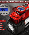 Red dual cylinder tire inflator air compressor with digital display, 12V DC, LED flashlight for cars, trucks, SUVs, and RVs.