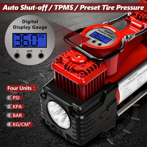 Red dual cylinder tire inflator air compressor with digital display, 12V DC, LED flashlight for cars, trucks, SUVs, and RVs.