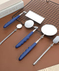 Five Piece Telescoping Inspection Mirror Set With Flexible Stainless Steel Handles Extendable Long Reach And 360 Degree Rotation Perfect For Auto Repair Vehicle Inspection And Reaching Tight Spots displayed on rack.