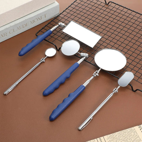 Five Piece Telescoping Inspection Mirror Set With Flexible Stainless Steel Handles Extendable Long Reach And 360 Degree Rotation Perfect For Auto Repair Vehicle Inspection And Reaching Tight Spots displayed on rack.