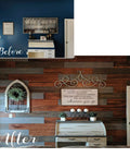 Comparison image showing before and after effects of Light Wood Liquid Wood Finish 16oz Pint That Looks Like Real Wood on a wall.