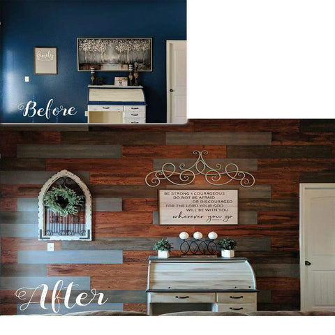 Comparison image showing before and after effects of Light Wood Liquid Wood Finish 16oz Pint That Looks Like Real Wood on a wall.