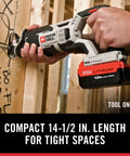 Compact 20V Max Cordless Reciprocating Saw With Variable Speed And Quick Release Blades Slick Control And 3000 SPM Drivetrain in use on wood.