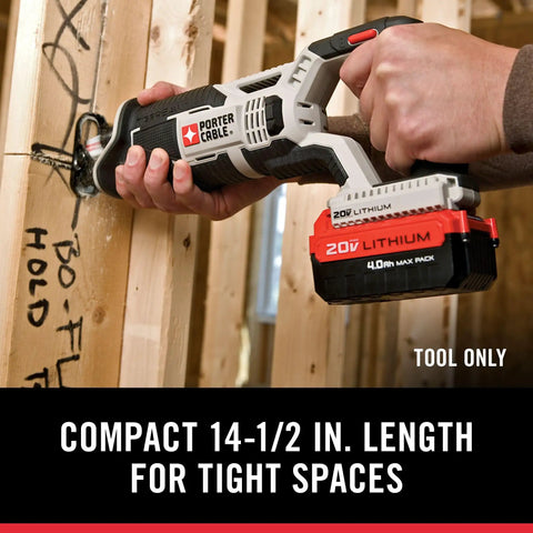 Compact 20V Max Cordless Reciprocating Saw With Variable Speed And Quick Release Blades Slick Control And 3000 SPM Drivetrain in use on wood.
