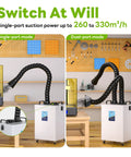 Dual Port Industrial Fume Extractor Pulls Straight Shooting Clean Air with flexible hose in single and dual-port modes.