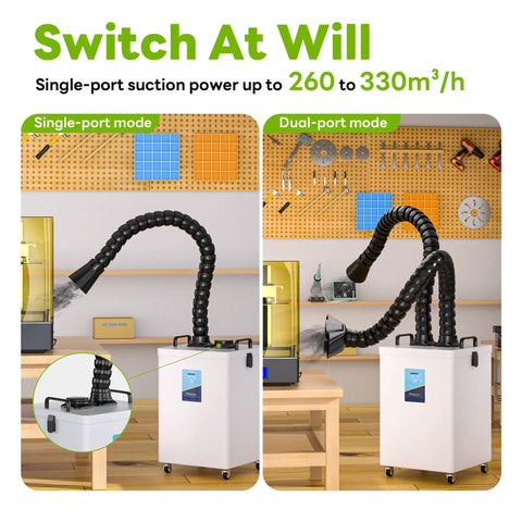 Dual Port Industrial Fume Extractor Pulls Straight Shooting Clean Air with flexible hose in single and dual-port modes.