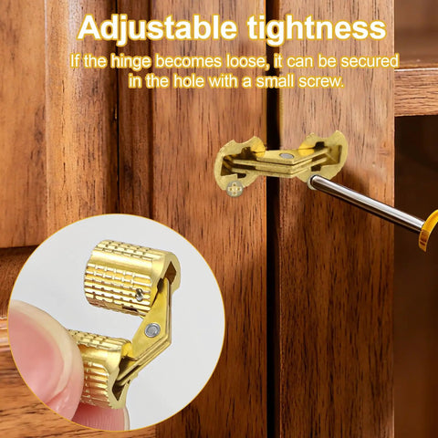 4 Pack 8mm Hidden Brass Barrel Hinges With 180 Degree Opening shown installed on wooden cabinet with screwdriver adjusting hinge