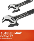 Wide Jaw Adjustable Wrench Set With 6 Inch And 10 Inch Wrenches, Micro Serrations For Smooth Precise Grips, displayed expanded