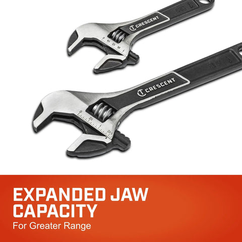 Wide Jaw Adjustable Wrench Set With 6 Inch And 10 Inch Wrenches, Micro Serrations For Smooth Precise Grips, displayed expanded