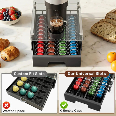 3 Inch Slim Crystal Glass Coffee Capsule Organizer Drawer For Nespresso Vertuo Pods Holds 24 Pods NP06 on marble countertop