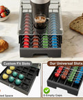 Slide Out Glass Coffee Pod Drawer With Rollers And Brake For Nespresso VertuoLine Pods holding colorful pods on counter