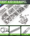 Pro Grade Hex Washer Head Self Drilling Screws And Tapping Fasteners From Tough 410 Stainless Steel With 300 Piece Assorted Kit Plus Matching Washers in clear case.
