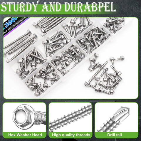 Pro Grade Hex Washer Head Self Drilling Screws And Tapping Fasteners From Tough 410 Stainless Steel With 300 Piece Assorted Kit Plus Matching Washers in clear case.
