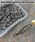 Fast Change Fishing Clips Set With Barrel Swivels And Quick Release Clips Snaps Ez Clip Tackle For Easy Lure Attachment Durable 52 Lb Capacity Black 50 Pcs in case