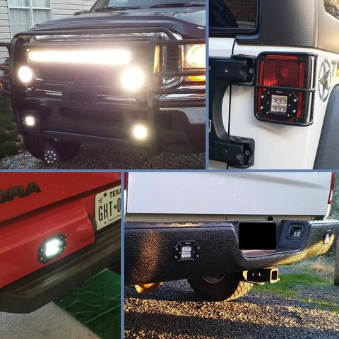 Two Pack 18W Flood LED Work Lights With Wide Beam Flush Mount Off Road Driving Light Bar For Jeep Truck Tacoma Bumper ATV UTV Bright White Flood Illumination For Night Trails mounted on vehicle bumpers and roofs