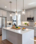 Modern kitchen with Winslow 7.5 Inch Mini Kitchen Pendant Light With Clear Seeded Glass In Brushed Nickel, warm ambient glow