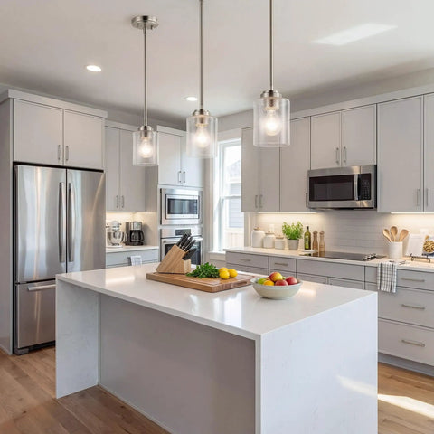 Modern kitchen with Winslow 7.5 Inch Mini Kitchen Pendant Light With Clear Seeded Glass In Brushed Nickel, warm ambient glow
