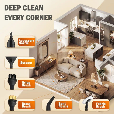 Heavy Duty 1600W Handheld Steam Cleaner For Home showing accessories including nozzles and brushes for deep cleaning use.