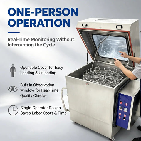 Industrial Parts Rotary Spray Washer Cabinet Beast Mode Grimebusting Powerhouse for metal cleaning with open cover and observation window.