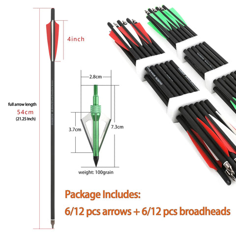 Carbon Crossbow Bolts Set 16 17 18 20 22 Inch With Screw In Broadheads shown with 6/12 arrows and 6/12 broadheads
