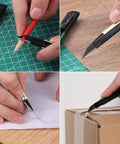 WORKPRO retractable utility knife with aluminum handle and 9mm blades; five-pack shown cutting paper and cardboard
