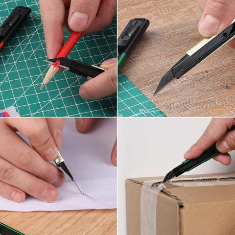 WORKPRO retractable utility knife with aluminum handle and 9mm blades; five-pack shown cutting paper and cardboard