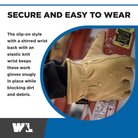 HydraHyde Water Resistant Cowhide Insulated Leather Work Gloves With Reinforced Palm For Grip Like A Boss And 3M Thinsulate Warmth Slip On Knit Wrist XL Size gripping ladder securely
