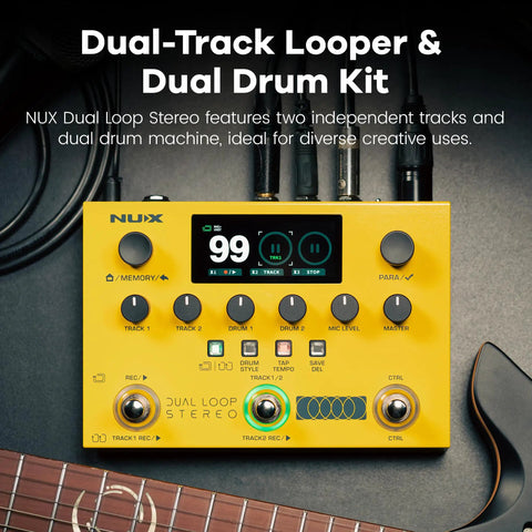 Top view of Dual Track Stereo Looper Pedal For Electric Guitar With Dual Drum Machine To Layer Sounds Switch Tracks Easy