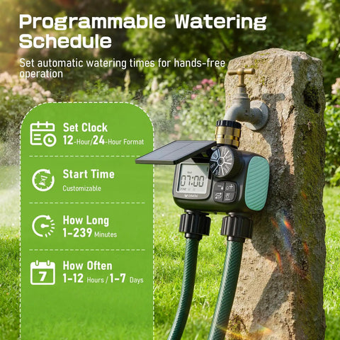 Two Zone Solar Water Timer For Garden Hose With Auto Manual Rain Delay Modes, attached to outdoor faucet, showing display screen