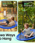 43 Inch Saucer Tree Swing For Kids And Adults 700 Lb Weight Capacity Waterproof Flying Saucer Swing With Adjustable Hanging Straps For Backyard Outdoor Indoor Playground Built Tough Blue, two-hanging methods shown: back and forth, swivel spin, with children playing.