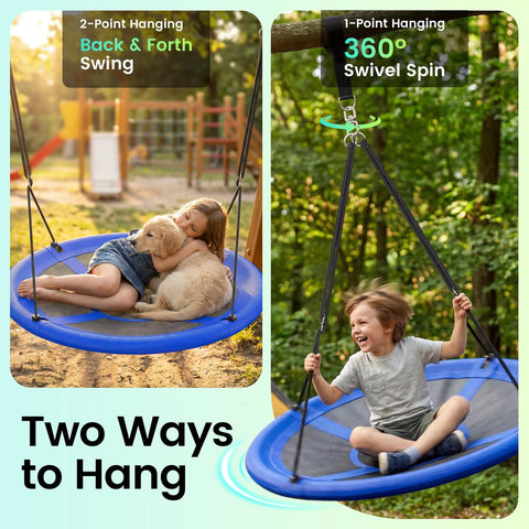 43 Inch Saucer Tree Swing For Kids And Adults 700 Lb Weight Capacity Waterproof Flying Saucer Swing With Adjustable Hanging Straps For Backyard Outdoor Indoor Playground Built Tough Blue, two-hanging methods shown: back and forth, swivel spin, with children playing.