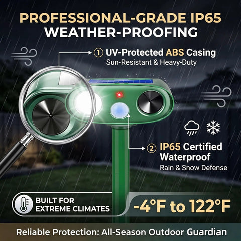 Solar Powered Ultrasonic Deer Repellent Outdoor Deterrent With Motion Sensor Strobe Light That Keeps Rabbits Cats Raccoons Squirrels Out Of Your Garden Yard And Farm Landscaping Protecting Plants In Style 2Pack, IP65 weatherproof