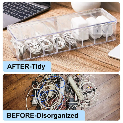 2 Pack Cable Organizer Box With Lids Clear Plastic Cord Storage Box For Home Office Desk Electronics Organizer Includes 20 Silicone Wire Ties For Easy Cord Management And Desk Cleanup That Keeps Your Desk Lookin Clean And Clutter Free, showing before and after cable organization on a desk.