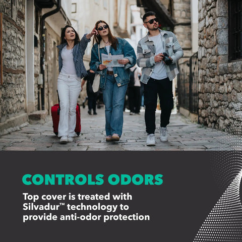 Three people walking on a cobblestone street, focus on the benefits of Rx Comfort Thin Lightweight Orthotic Insole With Spencore Cushioning.