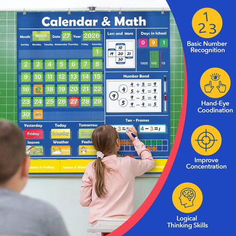Child using Pocket Chart Classroom Calendar Set For Circle Time And Math Center With Counting Addition Subtraction Games For Preschool Toddlers