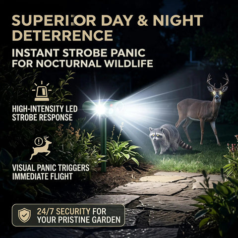 Solar Powered Ultrasonic Deer Repellent Outdoor Deterrent With Motion Sensor Strobe Light That Keeps Rabbits Cats Raccoons Squirrels Out Of Your Garden Yard And Farm Landscaping Protecting Plants In Style 2Pack, solar stake in garden