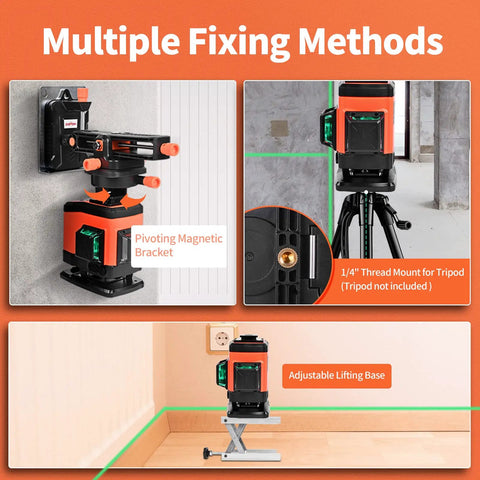 360 Degree Floor Laser Level Self Leveling 3D Laser Tool For Construction Pros with various fixing methods shown