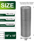 Real Deal 1/8 Inch Hardware Cloth 16 By 10 Feet 27 Gauge Hot Dip Galvanized Welded Wire Mesh roll with size details.