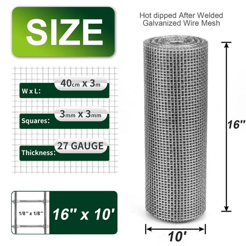 Real Deal 1/8 Inch Hardware Cloth 16 By 10 Feet 27 Gauge Hot Dip Galvanized Welded Wire Mesh roll with size details.