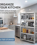 Heavy Duty Stainless Steel Shelving Unit Top Notch Metal Storage Rack Rock Solid Heavy Hitter For Kitchen Pantry Garage Industrial Load Holding Organizer Shelf 47 X 24 X 59 Inch in a kitchen with microwave and condiments.