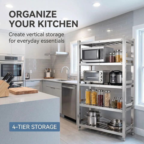 Heavy Duty Stainless Steel Shelving Unit Top Notch Metal Storage Rack Rock Solid Heavy Hitter For Kitchen Pantry Garage Industrial Load Holding Organizer Shelf 47 X 24 X 59 Inch in a kitchen with microwave and condiments.