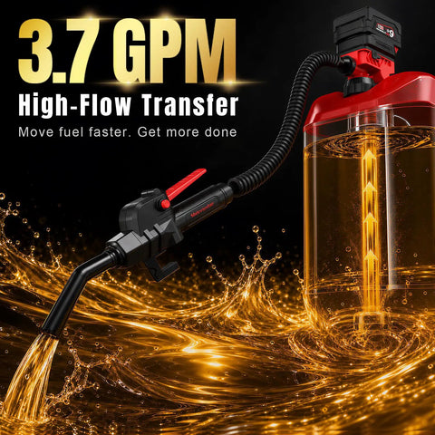Tough As Nails Cordless Gas Can Pump Delivers 3.7 Gpm Flow Without A Single Sweat shows quick fuel transfer with hose and container.