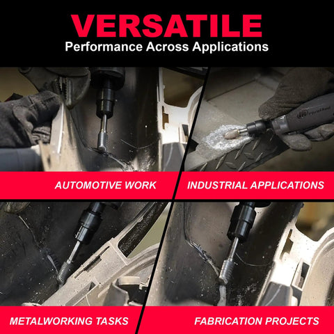 Grease Monkey Approved 1/4 Inch Collet Air Die Grinder Kit in action, showcasing automotive, metalworking, and industrial tasks.