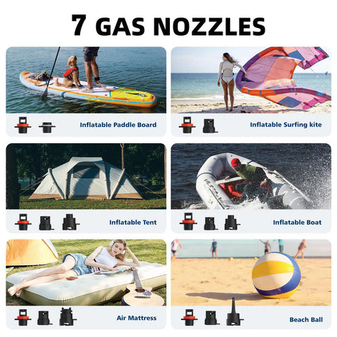 High Pressure Portable Air Pump For Paddle Boards And More with 7 gas nozzles for various inflatables including SUPs, kites, tents.