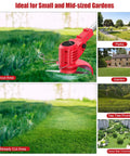 Cordless Weed Eater With Dual 2.0Ah Batteries in red, showing uncut and cut grass for ideal yard and garden cleanup.