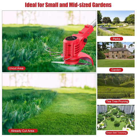 Cordless Weed Eater With Dual 2.0Ah Batteries in red, showing uncut and cut grass for ideal yard and garden cleanup.